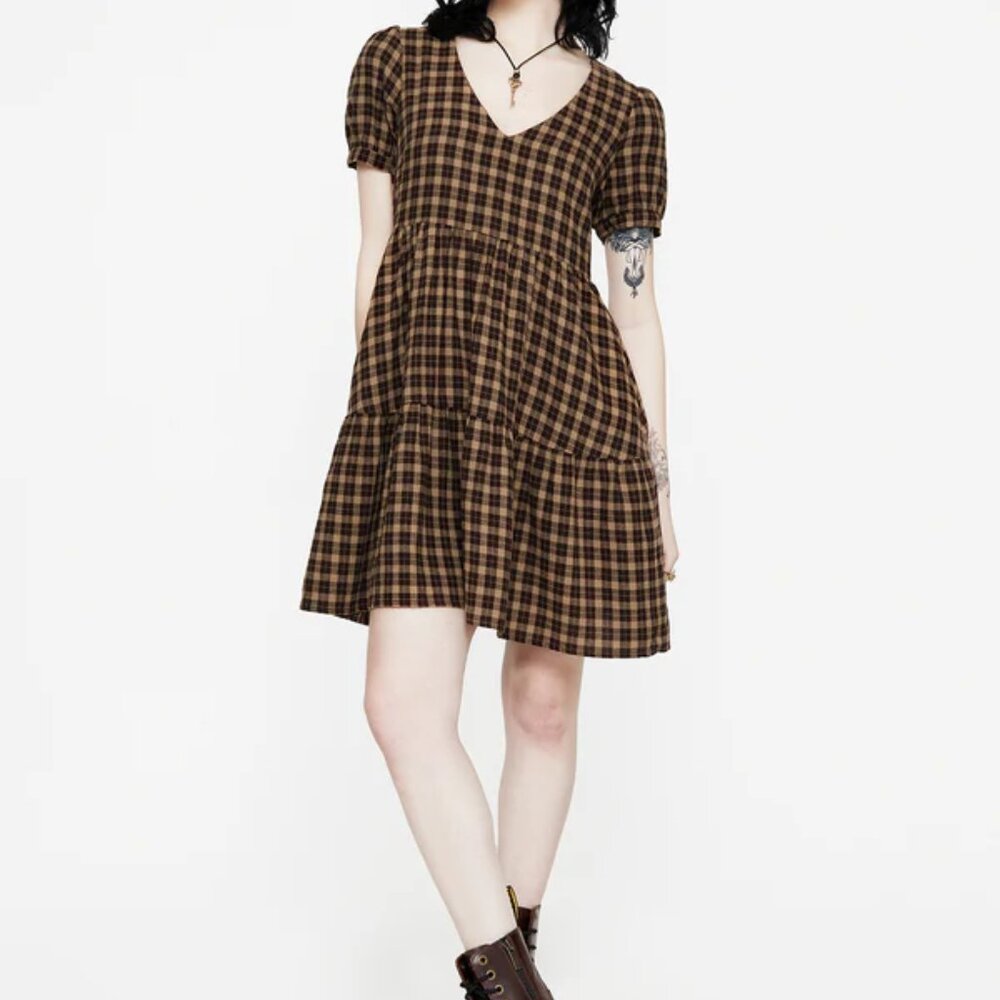 Disturbia- Brown Plaid V-Neck Tiered Short Dress
